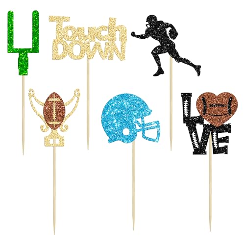 Gyufise 24Pcs Rugby Ball Cupcake Toppers Glitter Touchdown Player Cupcake Picks Trophy Love Rugby Cupcake Toppers Rugby Cake Decor for Rugby Sports Theme Baby Shower Party Supplies