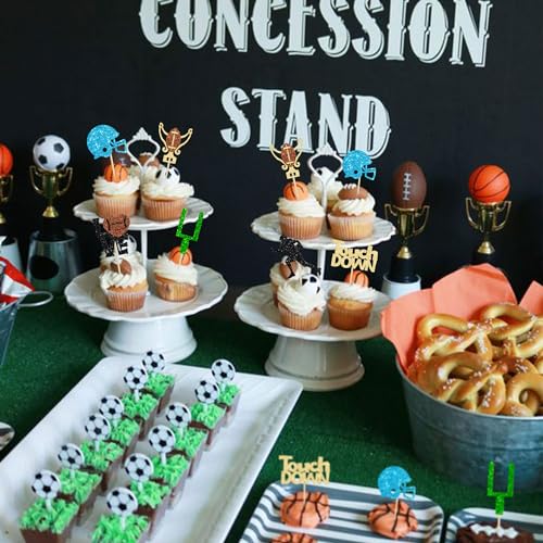 Gyufise 24Pcs Rugby Ball Cupcake Toppers Glitter Touchdown Player Cupcake Picks Trophy Love Rugby Cupcake Toppers Rugby Cake Decor for Rugby Sports Theme Baby Shower Party Supplies