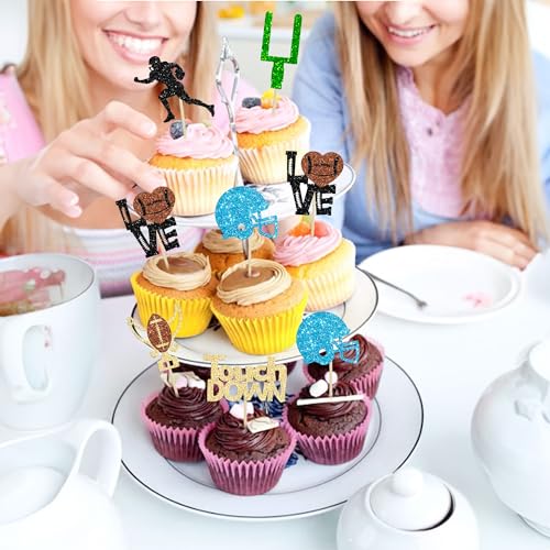 Gyufise 24Pcs Rugby Ball Cupcake Toppers Glitter Touchdown Player Cupcake Picks Trophy Love Rugby Cupcake Toppers Rugby Cake Decor for Rugby Sports Theme Baby Shower Party Supplies