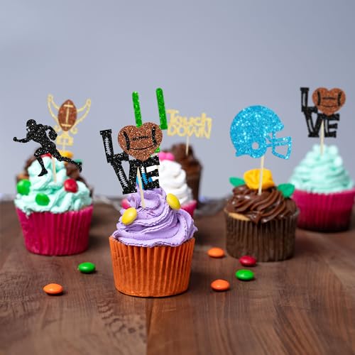 Gyufise 24Pcs Rugby Ball Cupcake Toppers Glitter Touchdown Player Cupcake Picks Trophy Love Rugby Cupcake Toppers Rugby Cake Decor for Rugby Sports Theme Baby Shower Party Supplies