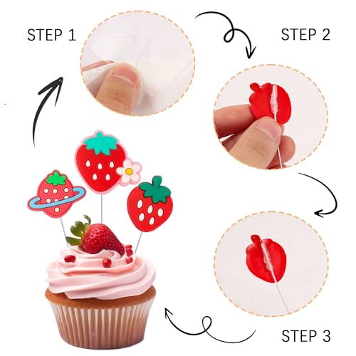 Gyufise 30Pcs Strawberry Cupcake Toppers Red Fruit Theme Strawberry Cupcake Picks for Sweet Fruit Baby Shower Kids Boys Girls Birthday Party Cake Decorations Supplies