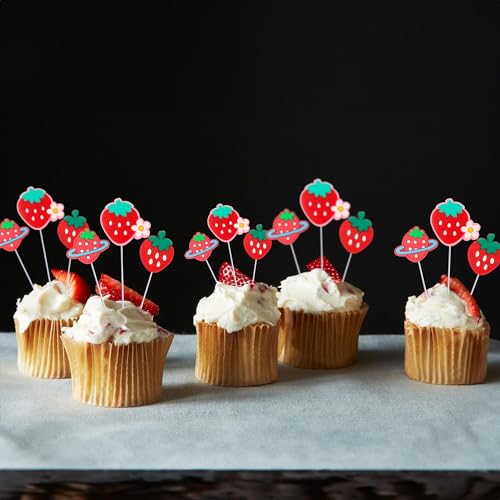 Gyufise 30Pcs Strawberry Cupcake Toppers Red Fruit Theme Strawberry Cupcake Picks for Sweet Fruit Baby Shower Kids Boys Girls Birthday Party Cake Decorations Supplies