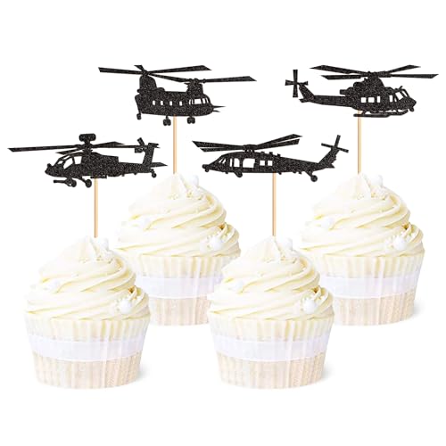 Ercadio 24 Pack Helicopter Cupcake Toppers Black Glitter Aircraft Cupcake Picks Plane Cupcake Toppers for Airplane Theme Party Birthday Baby Shower Cake Decor Supplies