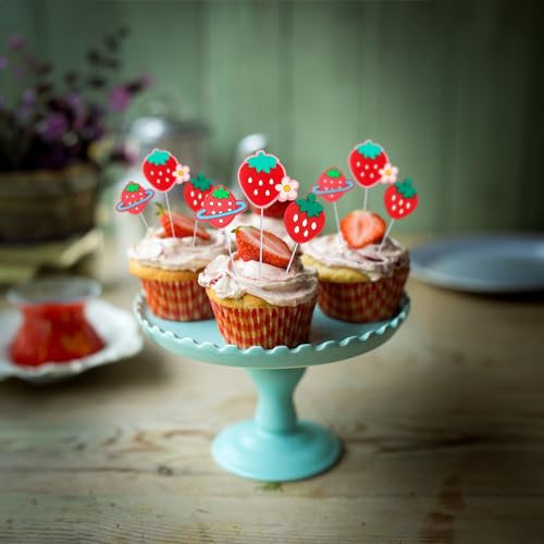 Gyufise 30Pcs Strawberry Cupcake Toppers Red Fruit Theme Strawberry Cupcake Picks for Sweet Fruit Baby Shower Kids Boys Girls Birthday Party Cake Decorations Supplies
