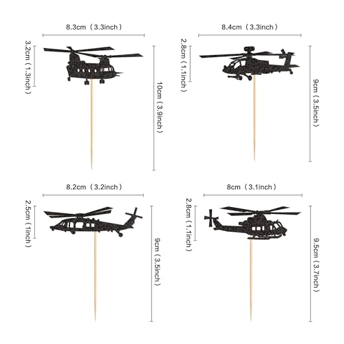 Ercadio 24 Pack Helicopter Cupcake Toppers Black Glitter Aircraft Cupcake Picks Plane Cupcake Toppers for Airplane Theme Party Birthday Baby Shower Cake Decor Supplies