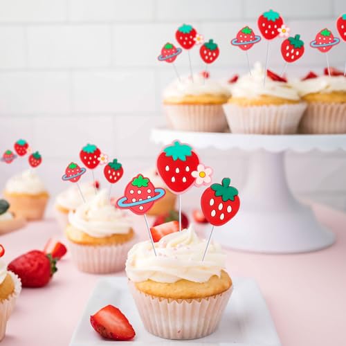 Gyufise 30Pcs Strawberry Cupcake Toppers Red Fruit Theme Strawberry Cupcake Picks for Sweet Fruit Baby Shower Kids Boys Girls Birthday Party Cake Decorations Supplies