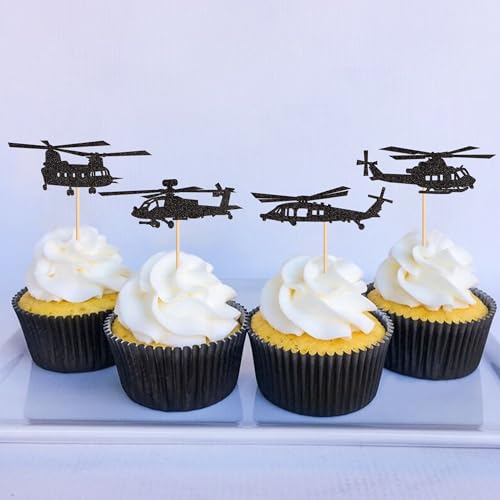 Ercadio 24 Pack Helicopter Cupcake Toppers Black Glitter Aircraft Cupcake Picks Plane Cupcake Toppers for Airplane Theme Party Birthday Baby Shower Cake Decor Supplies