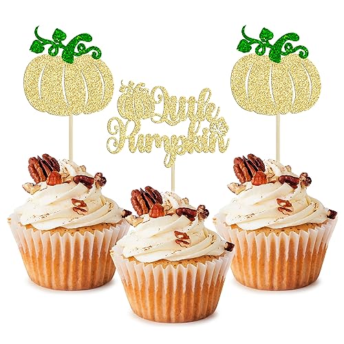 24Pcs Little Pumpkin Cupcake Toppers Glitter Fall Theme Pumpkin Cupcake Picks for Thanksgiving Halloween Baby Shower Kids Birthday Party Cake Decorations Supplies Gold