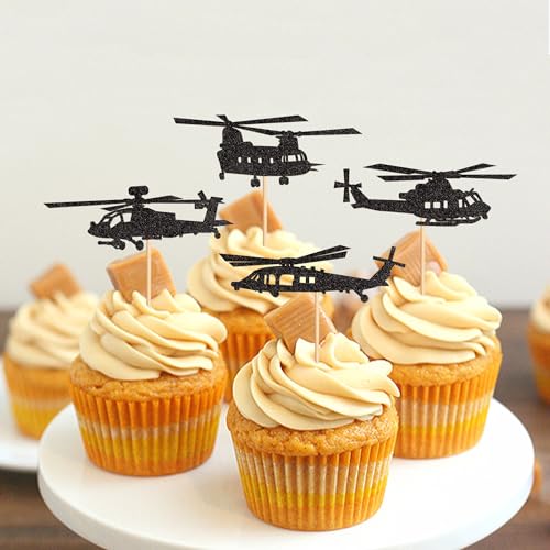 Ercadio 24 Pack Helicopter Cupcake Toppers Black Glitter Aircraft Cupcake Picks Plane Cupcake Toppers for Airplane Theme Party Birthday Baby Shower Cake Decor Supplies