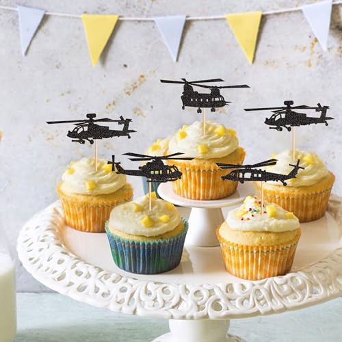 Ercadio 24 Pack Helicopter Cupcake Toppers Black Glitter Aircraft Cupcake Picks Plane Cupcake Toppers for Airplane Theme Party Birthday Baby Shower Cake Decor Supplies