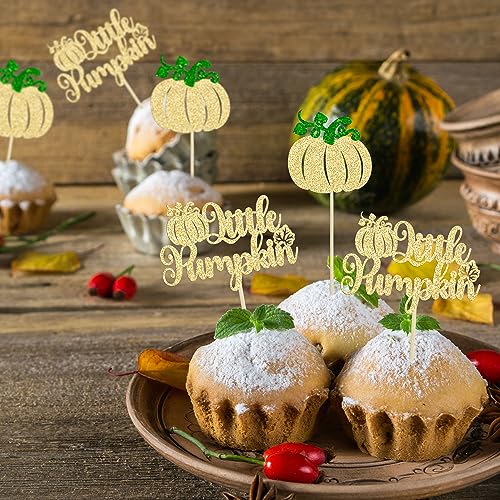 24Pcs Little Pumpkin Cupcake Toppers Glitter Fall Theme Pumpkin Cupcake Picks for Thanksgiving Halloween Baby Shower Kids Birthday Party Cake Decorations Supplies Gold