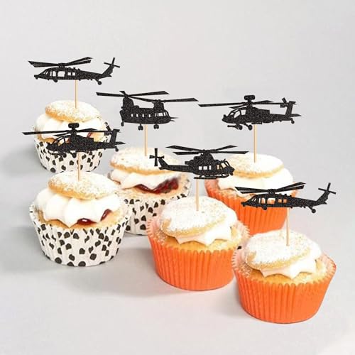 Ercadio 24 Pack Helicopter Cupcake Toppers Black Glitter Aircraft Cupcake Picks Plane Cupcake Toppers for Airplane Theme Party Birthday Baby Shower Cake Decor Supplies