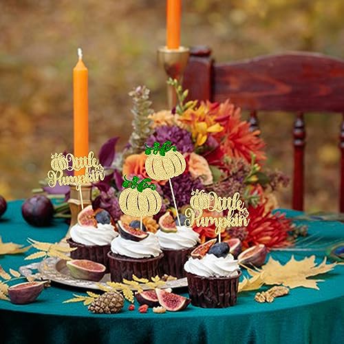 24Pcs Little Pumpkin Cupcake Toppers Glitter Fall Theme Pumpkin Cupcake Picks for Thanksgiving Halloween Baby Shower Kids Birthday Party Cake Decorations Supplies Gold