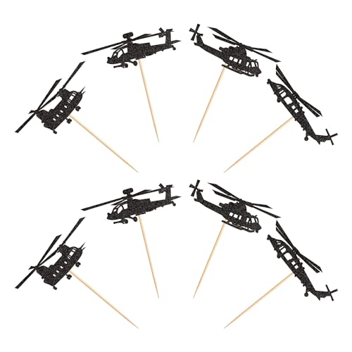 Ercadio 24 Pack Helicopter Cupcake Toppers Black Glitter Aircraft Cupcake Picks Plane Cupcake Toppers for Airplane Theme Party Birthday Baby Shower Cake Decor Supplies