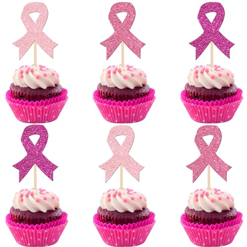 24 PCS Ribbon Breast Cancer Awareness Cupcake Toppers Glitter Pink Ribbon Fight Hope Believe Breast Cupcake Picks for Pink Ribbon Breast Cancer Party Cake Decorations Supplies Colorful