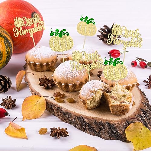 24Pcs Little Pumpkin Cupcake Toppers Glitter Fall Theme Pumpkin Cupcake Picks for Thanksgiving Halloween Baby Shower Kids Birthday Party Cake Decorations Supplies Gold