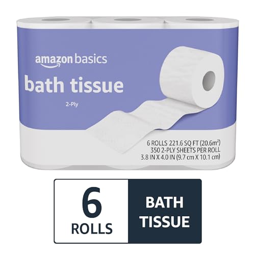 Amazon Basics 2-Ply Toilet Paper 6 Rolls = 24 Regular Rolls, Unscented, 350 Sheets, (1 Pack of 6)