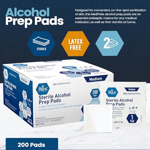 MED PRIDE Alcohol Prep Pads| 200 pack| Medical-Grade, Sterile, Individually-Wrapped, Isopropyl Cotton Swabs| Disposable, Medium Square Size, 2ply, Latex Free & Antiseptic| For First-Aid Kits