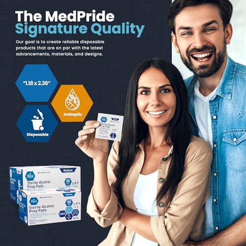 MED PRIDE Alcohol Prep Pads| 200 pack| Medical-Grade, Sterile, Individually-Wrapped, Isopropyl Cotton Swabs| Disposable, Medium Square Size, 2ply, Latex Free & Antiseptic| For First-Aid Kits