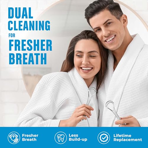 BASIC CONCEPTS Tongue Scraper for Adults (2 Pack), Reduce Bad Breath (Travel Cases Included), Stainless Steel Tongue Cleaners, 100% Metal Tongue Scraper with Case Fresh Breath Tongue Cleaner Oral
