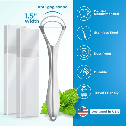 BASIC CONCEPTS Tongue Scraper for Adults (2 Pack), Reduce Bad Breath (Travel Cases Included), Stainless Steel Tongue Cleaners, 100% Metal Tongue Scraper with Case Fresh Breath Tongue Cleaner Oral