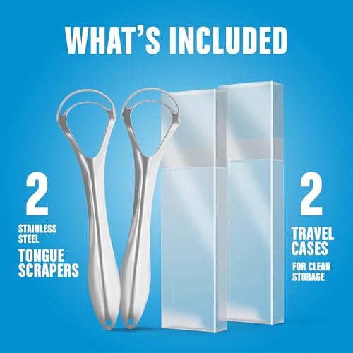BASIC CONCEPTS Tongue Scraper for Adults (2 Pack), Reduce Bad Breath (Travel Cases Included), Stainless Steel Tongue Cleaners, 100% Metal Tongue Scraper with Case Fresh Breath Tongue Cleaner Oral