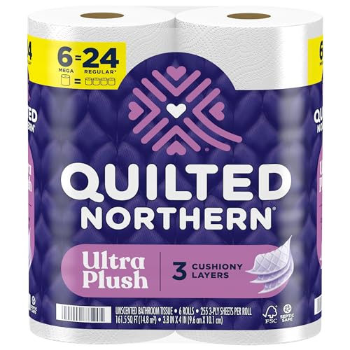 Quilted Northern Ultra Plush Toilet Paper, 6 Mega Rolls = 24 Regular Rolls, 3X Thicker*, 3 Ply Soft Toilet Tissue (Packaging May Vary)