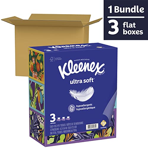 Kleenex Ultra Soft Facial Tissues, 3 Flat Boxes, 120 Tissues per Box, 3-Ply (360 Total Tissues), Packaging May Vary