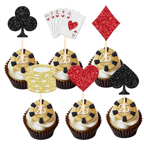 24 PCS Casino Poker Theme Cupcake Toppers Glitter Poker Game Chips Player Las Vegas Casino Cupcake Picks for Las Vegas Casino Night Poker Theme Birthday Party Cake Decorations Supplies