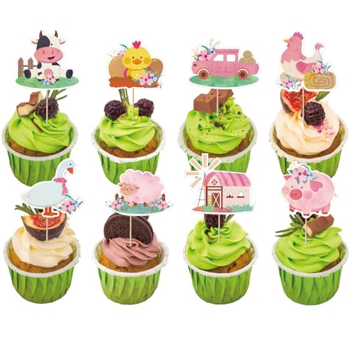 32pcs Pink Floral Farm Animal Cupcake Toppers Cute Farm Animal Birthday Cupcake Toppers Pink Farm Cupcake Picks for Girls Farm Animal Theme Baby Shower Barnyard Birthday Party Cake Supplies