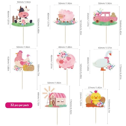 32pcs Pink Floral Farm Animal Cupcake Toppers Cute Farm Animal Birthday Cupcake Toppers Pink Farm Cupcake Picks for Girls Farm Animal Theme Baby Shower Barnyard Birthday Party Cake Supplies