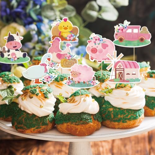 32pcs Pink Floral Farm Animal Cupcake Toppers Cute Farm Animal Birthday Cupcake Toppers Pink Farm Cupcake Picks for Girls Farm Animal Theme Baby Shower Barnyard Birthday Party Cake Supplies