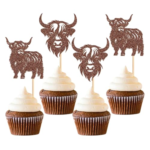 Cyodoos 24Pcs Highland Cow Cupcake Toppers Farm Animal Brown Highland Cattle Cake Picks Highland Cow Baby Shower Boys Girls Birthday Party Cake Decorations Supplies