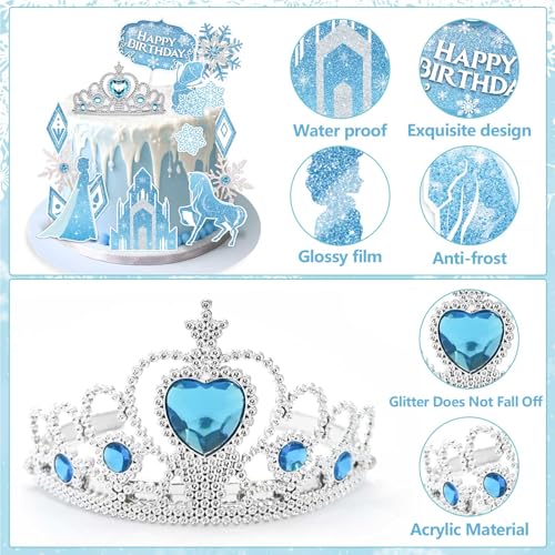 GZDUCK Birthday Cake Topper, 16 Pcs Ice Princess Cake Toppers Decoration Crown Snowflake Acrylic Castle Theme Birthday Party Cupcake Toppers For Kids Girls Boys