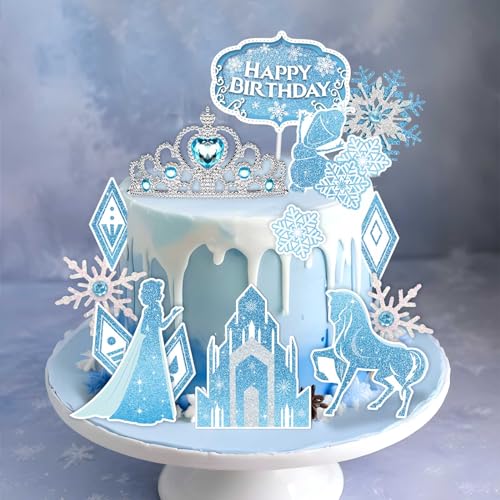 GZDUCK Birthday Cake Topper, 16 Pcs Ice Princess Cake Toppers Decoration Crown Snowflake Acrylic Castle Theme Birthday Party Cupcake Toppers For Kids Girls Boys