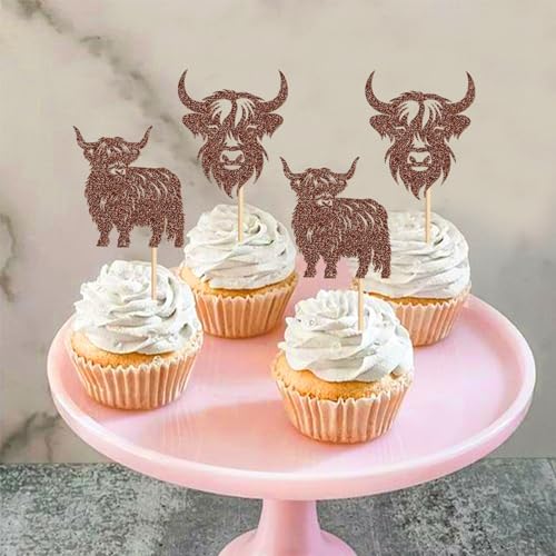 Cyodoos 24Pcs Highland Cow Cupcake Toppers Farm Animal Brown Highland Cattle Cake Picks Highland Cow Baby Shower Boys Girls Birthday Party Cake Decorations Supplies