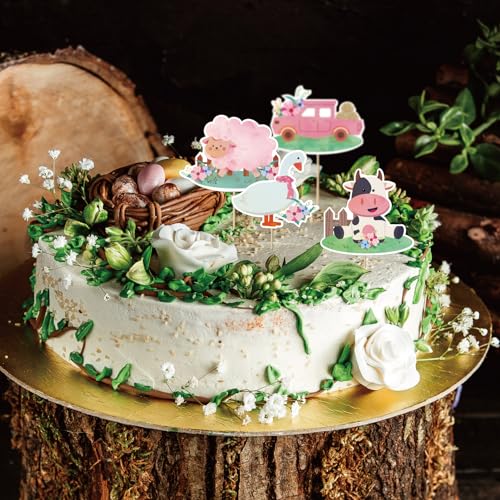 32pcs Pink Floral Farm Animal Cupcake Toppers Cute Farm Animal Birthday Cupcake Toppers Pink Farm Cupcake Picks for Girls Farm Animal Theme Baby Shower Barnyard Birthday Party Cake Supplies