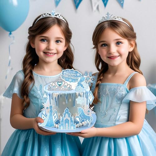 GZDUCK Birthday Cake Topper, 16 Pcs Ice Princess Cake Toppers Decoration Crown Snowflake Acrylic Castle Theme Birthday Party Cupcake Toppers For Kids Girls Boys
