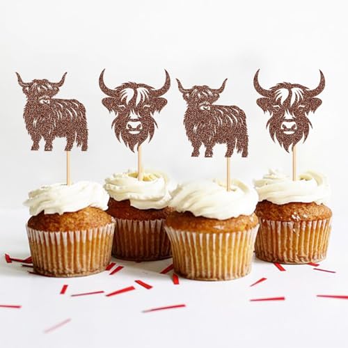 Cyodoos 24Pcs Highland Cow Cupcake Toppers Farm Animal Brown Highland Cattle Cake Picks Highland Cow Baby Shower Boys Girls Birthday Party Cake Decorations Supplies