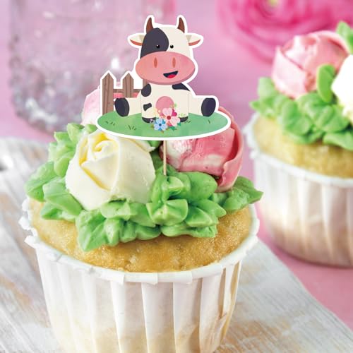 32pcs Pink Floral Farm Animal Cupcake Toppers Cute Farm Animal Birthday Cupcake Toppers Pink Farm Cupcake Picks for Girls Farm Animal Theme Baby Shower Barnyard Birthday Party Cake Supplies