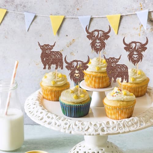 Cyodoos 24Pcs Highland Cow Cupcake Toppers Farm Animal Brown Highland Cattle Cake Picks Highland Cow Baby Shower Boys Girls Birthday Party Cake Decorations Supplies