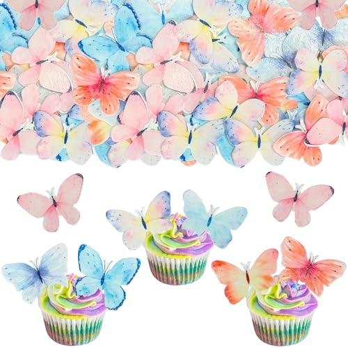 Gyufise 56Pcs Butterfly Edible Cupcake Toppers Cake Decoration Edible Butterfly Cake Decorations for Butterfly Theme Baby Shower Kids Birthday Party Cake Supplies Multi