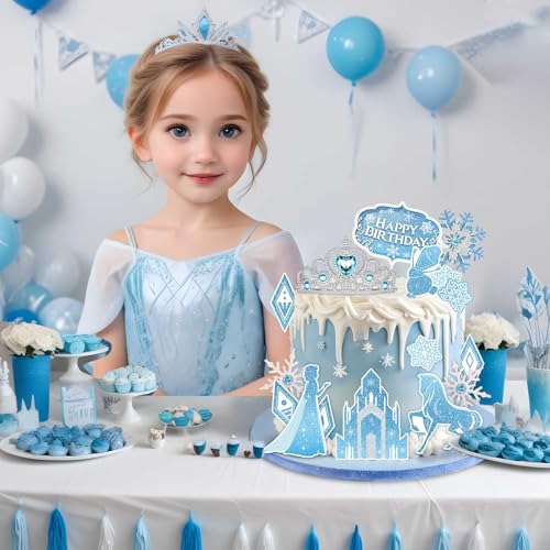 GZDUCK Birthday Cake Topper, 16 Pcs Ice Princess Cake Toppers Decoration Crown Snowflake Acrylic Castle Theme Birthday Party Cupcake Toppers For Kids Girls Boys