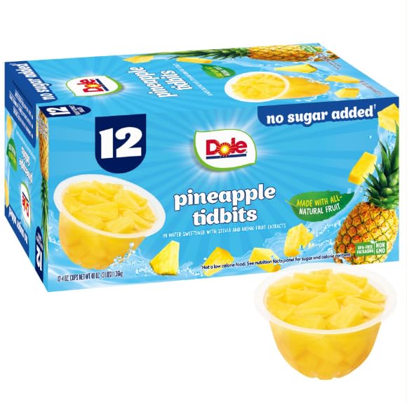 Dole Pineapple Tidbits with No Sugar Added^^ - Dole Fruit Bowls Snacks - 4 oz Fruit Bowls - 12 Pack