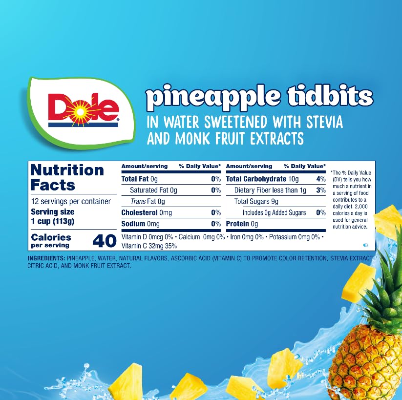 Dole Pineapple Tidbits with No Sugar Added^^ - Dole Fruit Bowls Snacks - 4 oz Fruit Bowls - 12 Pack