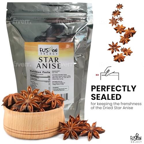 Fusion Select Dried Star Anise - Whole Badian Spice for Oriental & Indian Dishes & Recipes - Natural Herbs & Seasoning for Baking & Cooking - Packed in a Clear Resealable Pouch - 22 Servings, 4 oz.