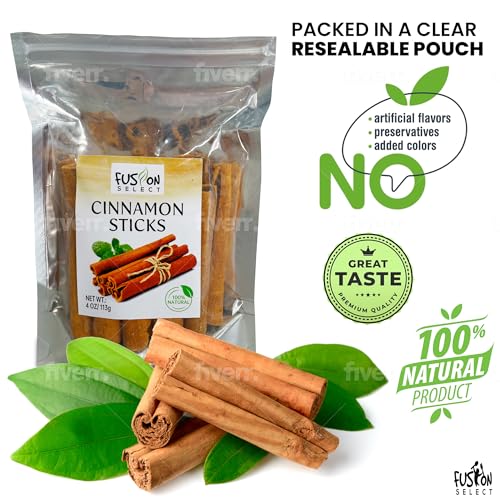 Fusion Select Cinnamon Sticks - Whole Canela Bark Pieces for Asian, Indian, & Middle Eastern Cuisine - Herbs & Spices for Baking & Cooking - Packed in a Clear Resealable Pouch - 4 oz