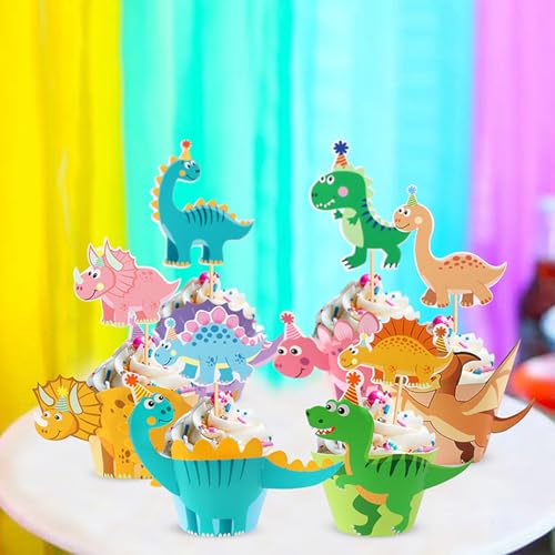 UXYOKM 32Pcs Dinosaur Cupcake Toppers Dino Cupcake Picks Cupcake Decorations for Baby Shower Kids Boys Birthday Party Decor Supplies