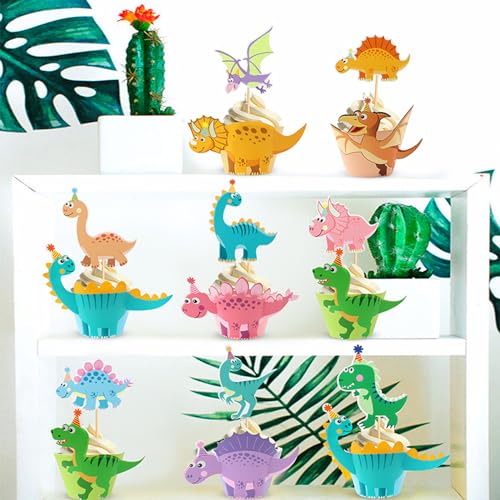 UXYOKM 32Pcs Dinosaur Cupcake Toppers Dino Cupcake Picks Cupcake Decorations for Baby Shower Kids Boys Birthday Party Decor Supplies