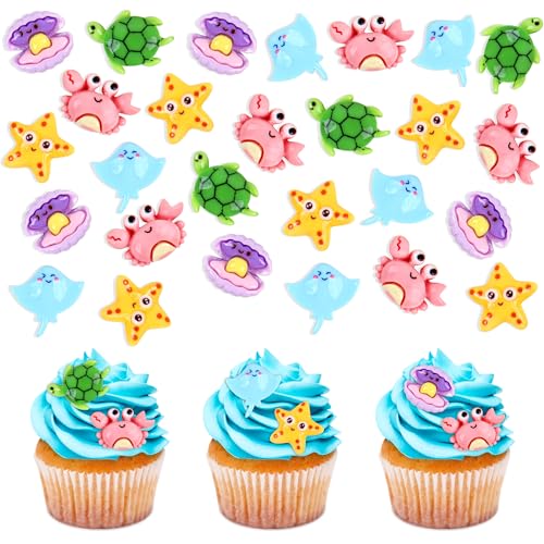 Ercadio 30Pcs Ocean Animal Cupcake Toppers Under the Sea Turtles Crab Starfish Clam Shell Cupcake Picks Seahorse Coral Cake Decorations for Under the Sea Theme Baby Shower Birthday Party Supplies